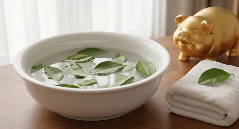 Chậu sứ chứa nước lá bưởi ấm và chiếc khăn bông mềm chuẩn bị cho nghi thức thanh tẩy