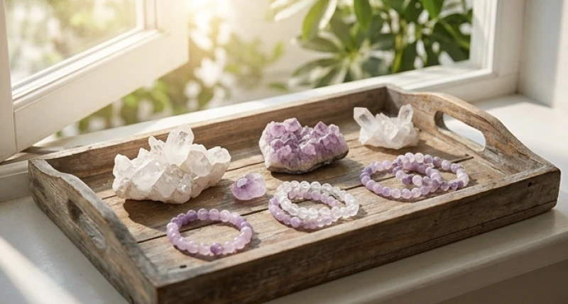 Các viên đá thạch anh và vòng tay phong thủy được trải đều trên khay gỗ phơi dưới ánh nắng sớm