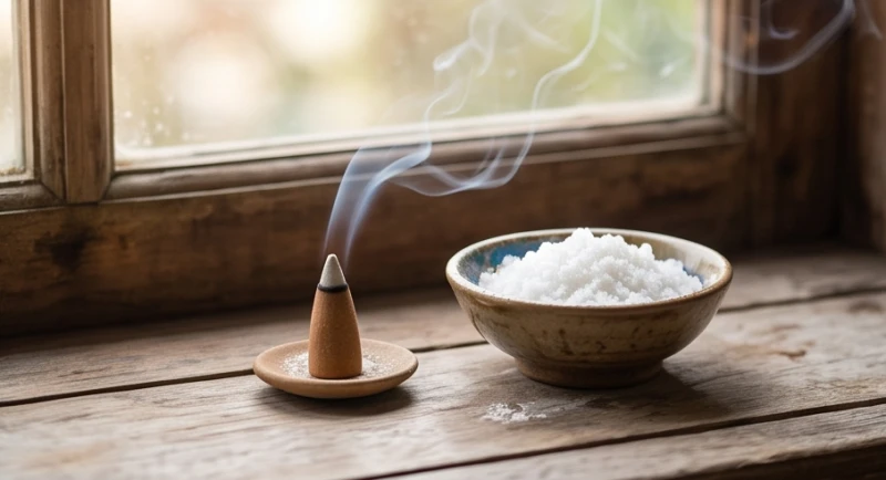 Khói trầm hương tỏa nhẹ nhàng bên cạnh bát muối hột trắng tinh trên bệ cửa sổ
