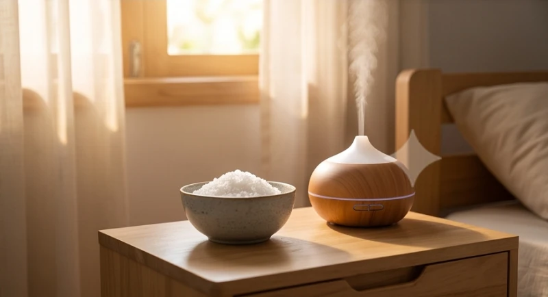Bát muối hột và máy xông tinh dầu đặt trong phòng ngủ sạch sẽ tràn ngập ánh nắng ban mai