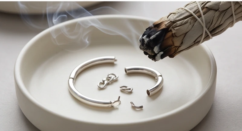 Hơ các mảnh vụn của vòng tay bạc qua làn khói xô thơm mờ ảo để thanh tẩy năng lượng tiêu cực tích tụ