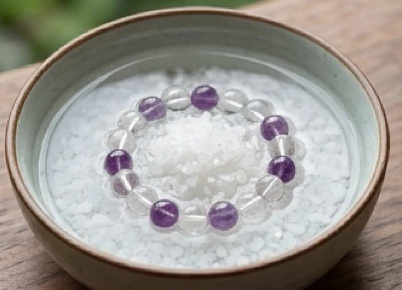 Tuổi Tuất hợp đá gì: Tra cứu 5 nạp âm và tỷ lệ thanh tẩy 8 Dung dịch muối biển thô pha loãng trong bát sứ dùng để ngâm và làm sạch năng lượng vòng đá thạch anh