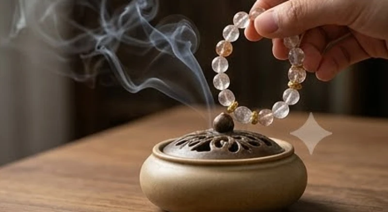 Hơ chuỗi vòng tay đá phong thủy trên luồng khói nụ trầm hương để thanh tẩy năng lượng tiêu cực