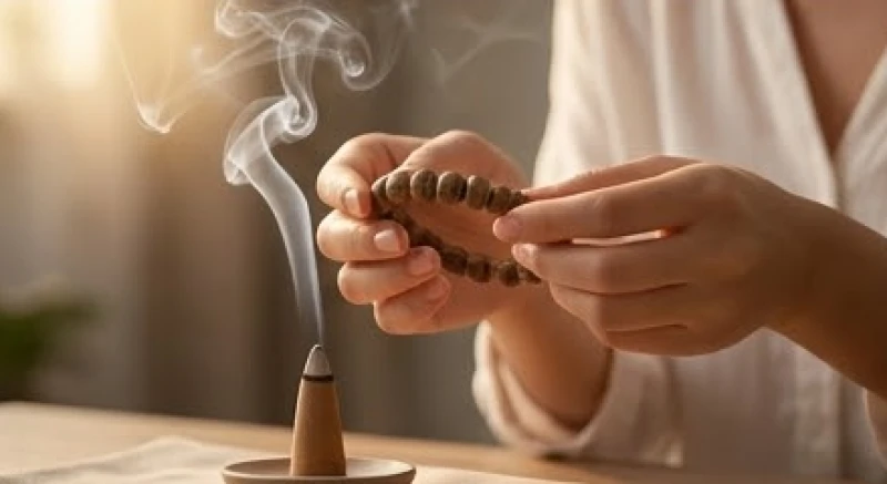 Thao tác hơ nhẹ chiếc vòng trầm hương trên làn khói nụ trầm êm ái để thanh lọc và tái tạo năng lượng
