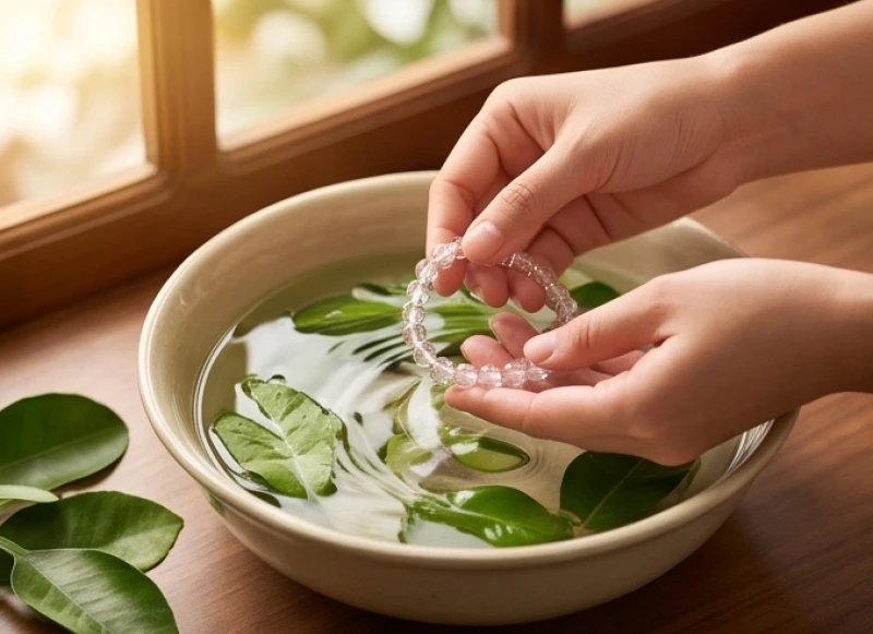 Một chiếc vòng đá phong thủy đang được ngâm rửa cẩn thận trong bát nước đun lá bưởi để thanh lọc uế khí trước khi sử dụng