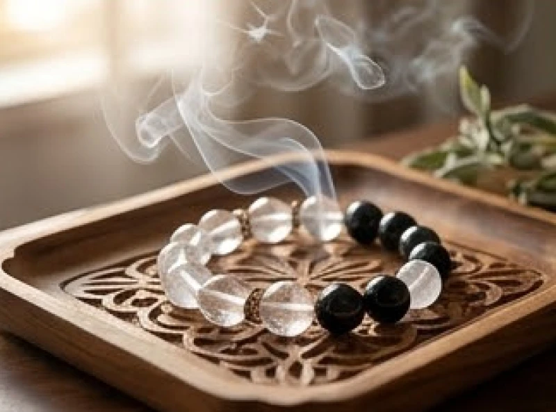 Quá trình thanh tẩy vòng tay thạch anh phong thủy dưới ánh trăng hoặc khói xô thơm để tái tạo năng lượng