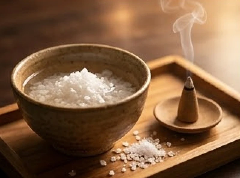 Bát nước muối ấm và nụ trầm hương đang cháy giúp thanh tẩy âm khí sau khi vô tình chạm vào tiền rải xui