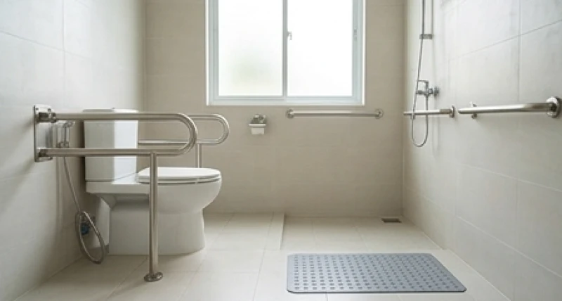 Thanh vịn an toàn và thảm cao su chống trượt được lắp đặt trong phòng tắm để chống té ngã