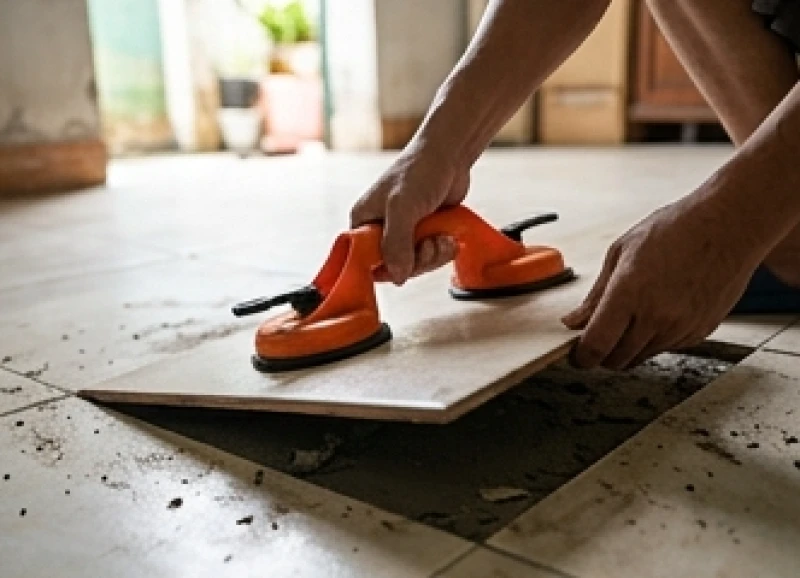 Sử dụng cốc hút kính và bay xây dựng để nhấc viên gạch hỏng ra khỏi mặt sàn nhà