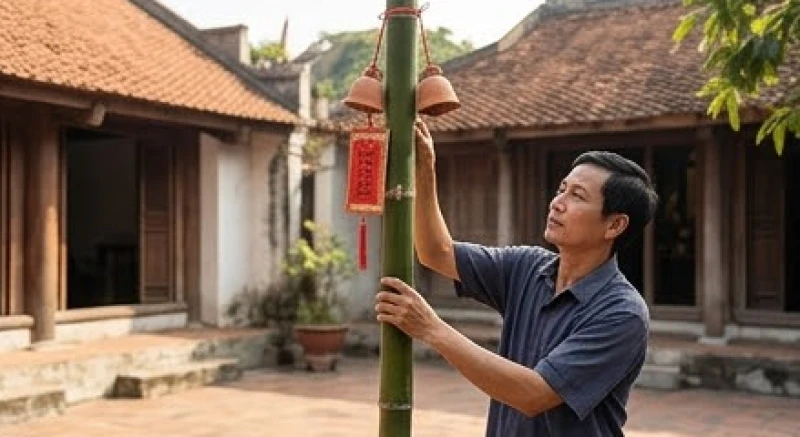Người đàn ông tháo dỡ cành sanh và bùa bát quái trên ngọn cây nêu trước sân nhà