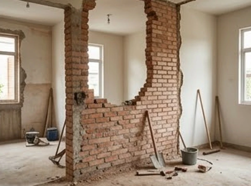 Quá trình tháo dỡ bức tường gạch cũ trong ngôi nhà đang được cải tạo