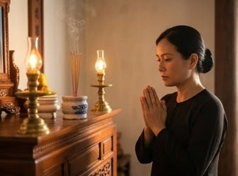 Cảnh người vợ mặc đồ tối màu, chắp tay thành kính trước bàn thờ chuẩn bị nghi thức xả tang chồng