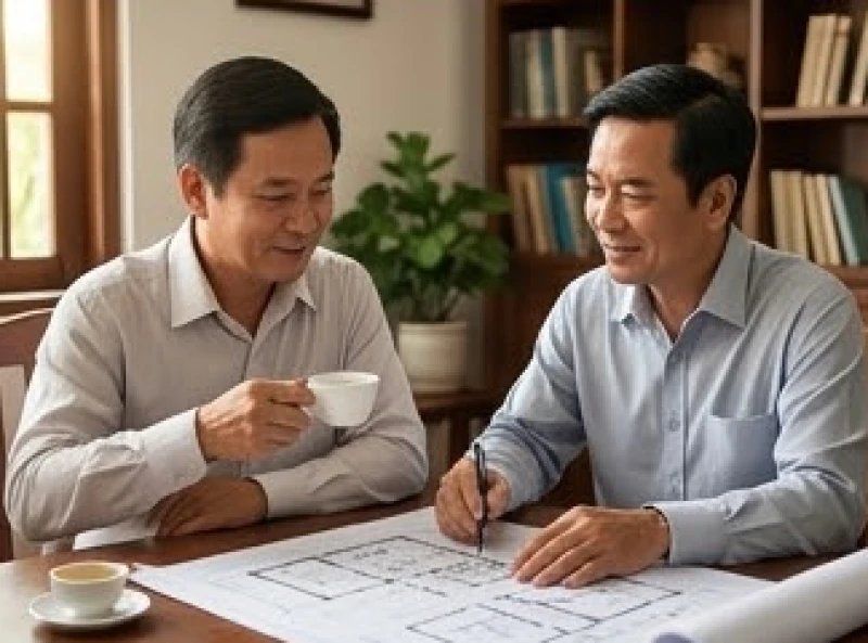 Hai người đàn ông trung niên thảo luận kế hoạch mượn tuổi xây nhà một cách nghiêm túc