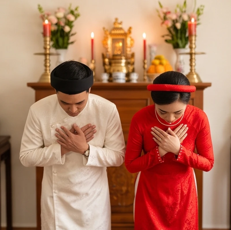 Văn khấn lễ cưới hỏi: Mẫu chuẩn từng nghi lễ và cách hành lễ 6 Đôi vợ chồng trẻ thực hiện thao tác cúi đầu vái lạy trước bàn thờ tổ tiên