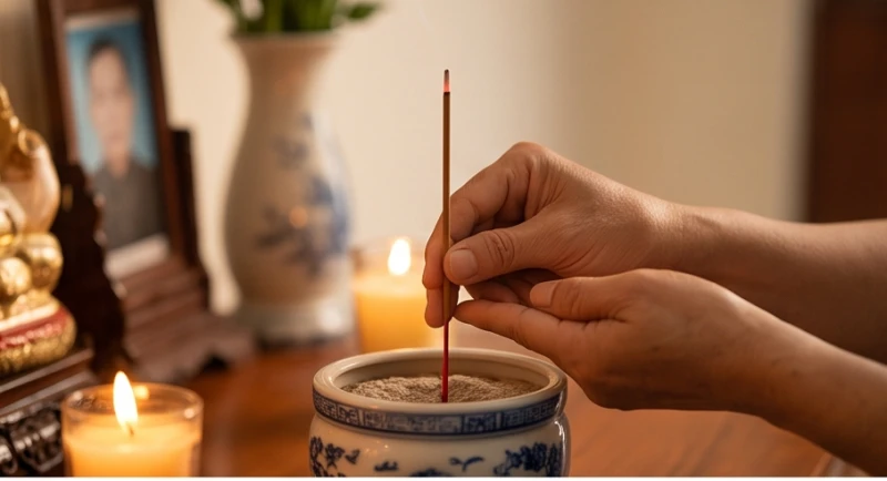 Gia chủ dùng hai bàn tay kính cẩn cắm một nén nhang đại diện cho tâm thành lên bát hương