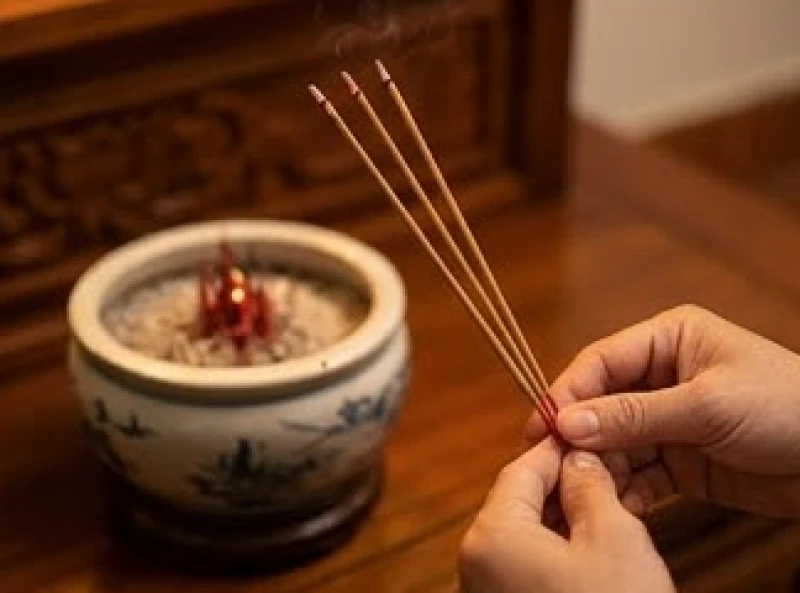 Gia chủ thành tâm chắp tay thắp 3 nén hương mới lên bát hương gốm Bát Tràng vừa được an vị trang nghiêm