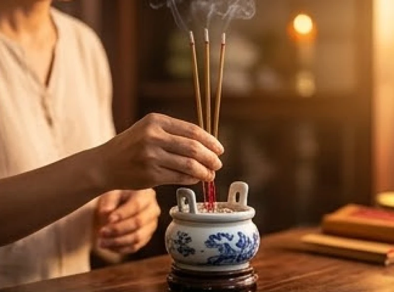 Gia chủ thắp 3 nén hương trên bát nhang bằng sứ đặt tại bàn thờ tổ tiên