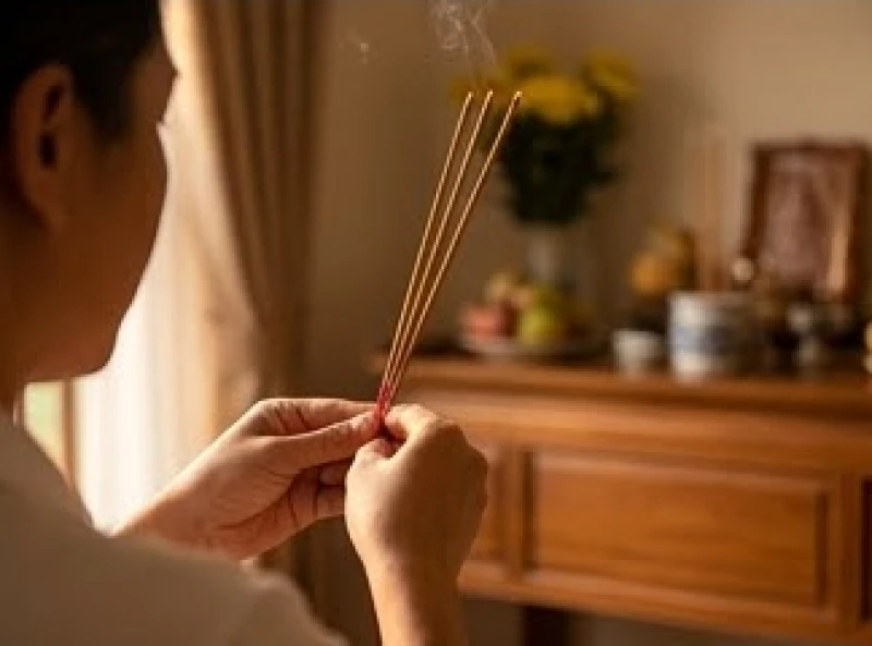 Gia chủ dâng cao ba nén hương cháy đỏ bằng hai tay trước khi cắm vào bát nhang