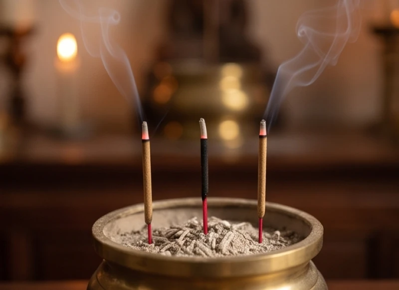 Bát hương có ba nén nhang đang cúng, trong đó một nén ở giữa bị lụi tắt trong khi hai nén hai bên vẫn cháy