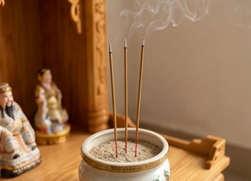 Văn khấn mùng 1 tại cửa hàng: Bài cúng chuẩn & quy trình xin lộc 6 Ba nén hương được cắm thẳng đứng và ngay ngắn trên bát hương tại ban thờ Thần Tài