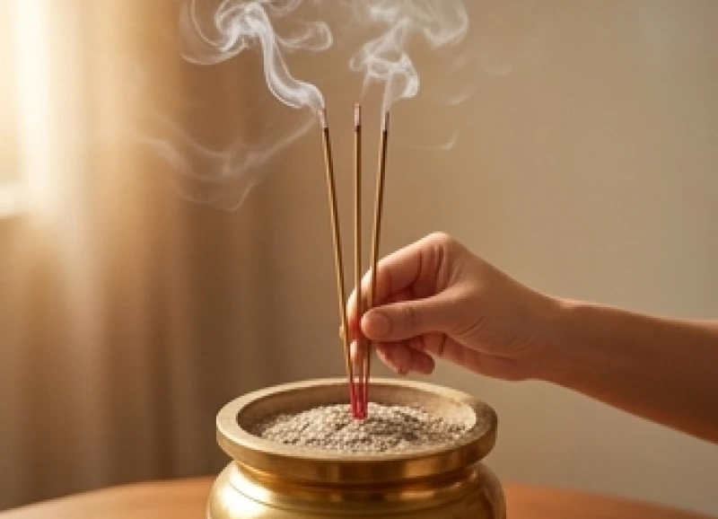 Gia chủ thành kính dâng 3 nén hương trầm lên bát nhang trung tâm để kết nối với cõi tâm linh