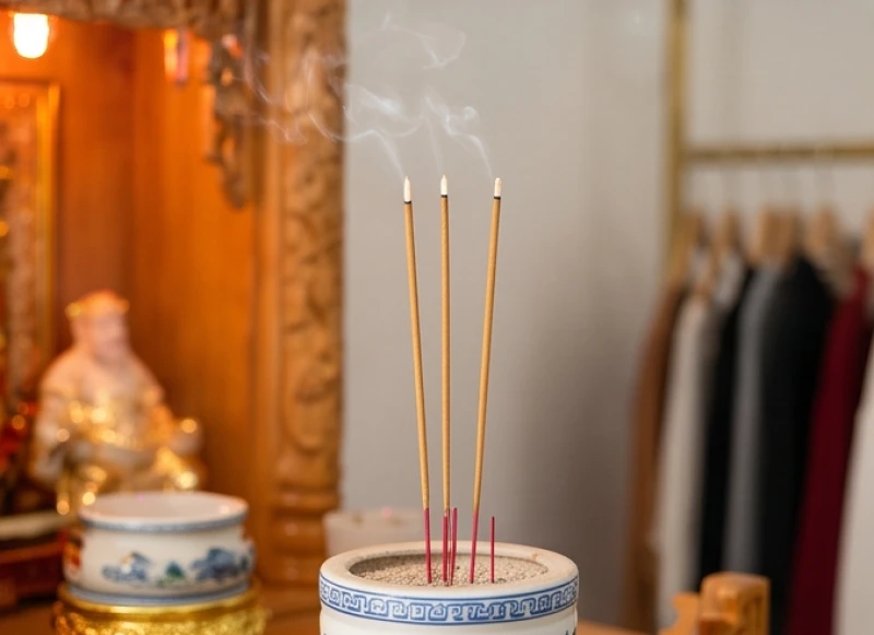 Văn khấn ngày rằm tại cửa hàng: Bài cúng Thần Tài và mâm lễ chuẩn 6 Bát hương trên ban Thần Tài được thắp ba nén nhang ngay ngắn để cầu bình an tài lộc