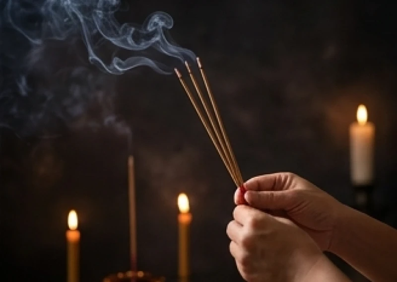 Đôi bàn tay thành kính cầm 3 nén nhang thắp sáng hướng lên bầu trời đêm