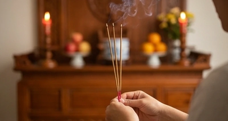 Hai tay thành kính dâng ba nén nhang đang cháy rực trước ngực để chuẩn bị cắm vào bát hương và đọc lời khấn
