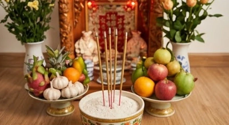 Bàn thờ Thần Tài Thổ Địa rực rỡ ánh đèn với năm nén hương cháy sáng cắm trên lớp cát trắng sạch sẽ