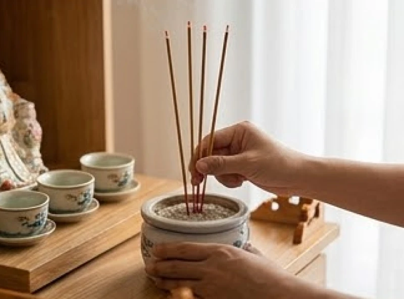 Gia chủ cẩn thận cắm thẳng đứng năm nén nhang đang cháy đỏ vào bát hương trên ban thờ trang nghiêm