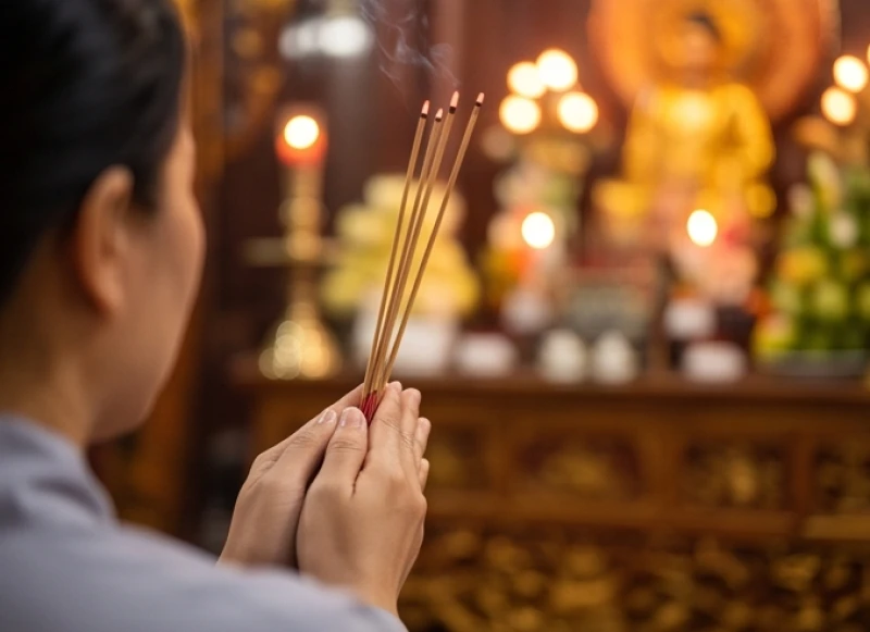 Người đi lễ dùng hai tay dâng cao ba nén nhang cháy đỏ trước ngực để chuẩn bị đọc văn khấn ban Công Đồng
