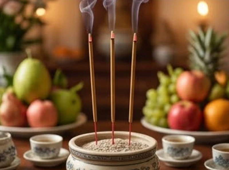 Gia chủ thành tâm thắp ba nén nhang thẳng hàng đặng dâng lên gia tiên trong không gian thờ tự ấm cúng