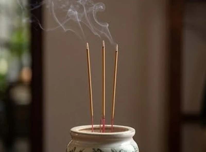 Ba nén hương cháy đỏ đượm được cắm ngay ngắn giữa bát hương bằng sứ trên ban thờ