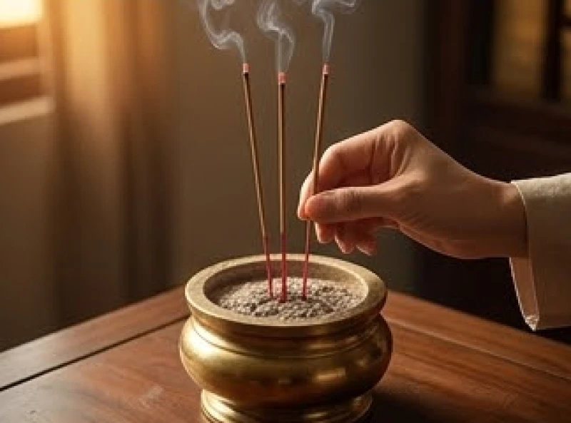Văn khấn ngày mất Chủ tịch Hồ Chí Minh: Mâm lễ & bài cúng chuẩn 9 Đôi bàn tay cẩn thận cắm ba nén hương đang cháy đỏ vào lư hương bằng đồng đặt ở trung tâm ban thờ