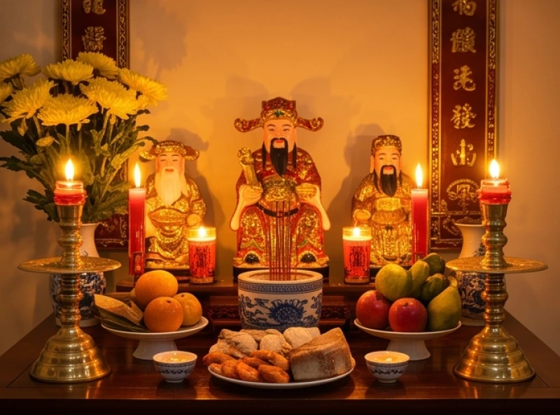 Bàn thờ Thần Tài rực rỡ ánh sáng đèn nến ấm cúng và trang nghiêm trong những ngày đầu năm mới
