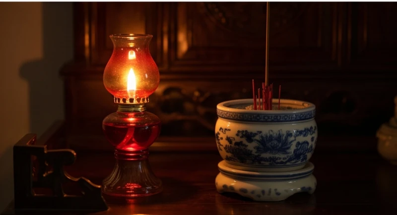 Chiếc đèn lưu ly màu đỏ được thắp sáng liên tục bên cạnh bát hương mới bốc để giữ ấm không gian