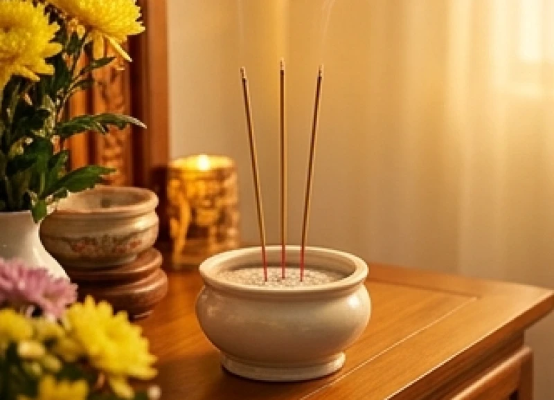 Gia chủ thắp 3 nén nhang mới để báo cáo hoàn tất việc dọn dẹp và mời tổ tiên an vị