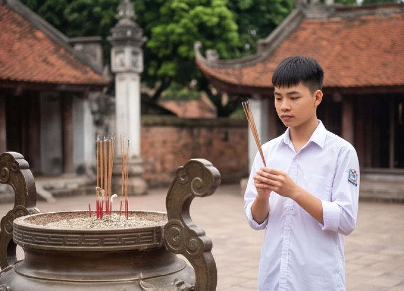 Học sinh chắp tay thắp hương tại đỉnh đồng lớn khu vực Bái Đường trước khi vái vọng vào Đại Thành Điện