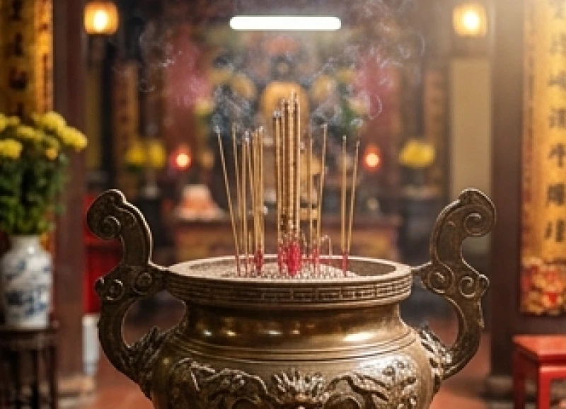 Bát nhang nghi ngút khói tại Ban Công Đồng nơi người hành hương dừng chân cáo yết đầu tiên