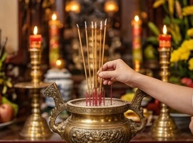 Tín chủ thành tâm thắp những nén hương thơm tại Ban Công Đồng trước khi tiến vào cung cấm