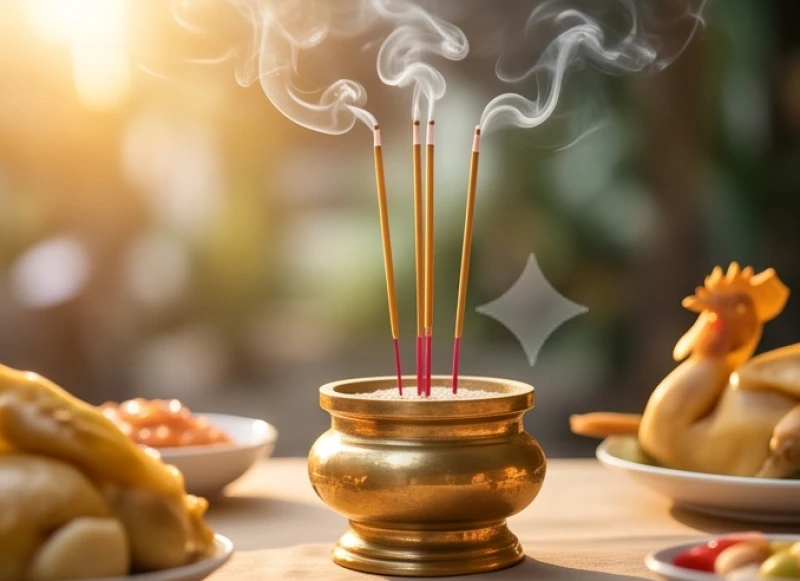 Văn khấn khai trương quán ăn: Bài cúng chuẩn và cách sắm mâm lễ 11 Khói nhang trầm bay nghi ngút từ bát hương trên mâm lễ trước khi bước vào nghi thức đọc văn khấn
