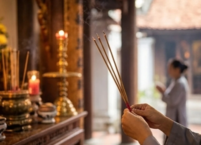 Văn khấn Đức Chúa Ông: Bài cúng chuẩn tâm linh và cách sắm lễ 5 Người đi lễ thành kính thắp nén nhang đầu tiên tại ban Đức Chúa Ông trước khi tiến vào khu vực chính điện