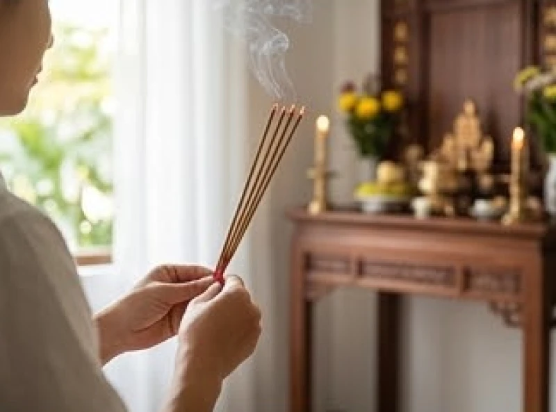 Người phụ nữ thắp nén nhang thành kính vào ban ngày trước khi mặt trời lặn để đảm bảo dương khí an lành
