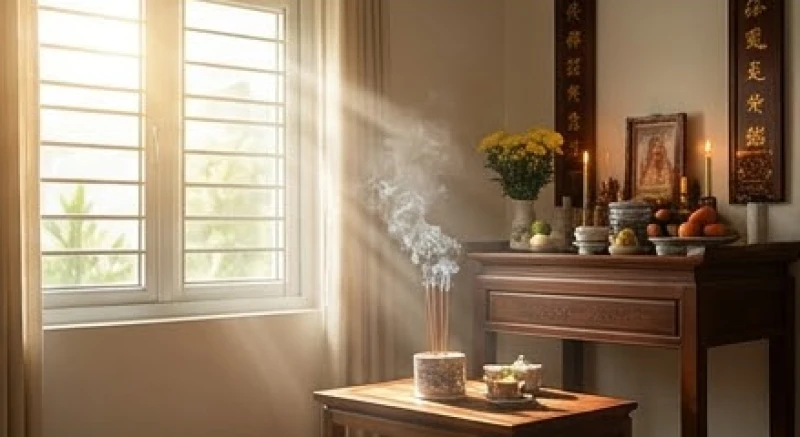 Văn khấn gia tiên rằm tháng 7 chuẩn cổ truyền và cách sắm lễ 5 Ánh nắng buổi sớm chiếu vào không gian bàn thờ ấm cúng thanh tịnh với làn khói hương