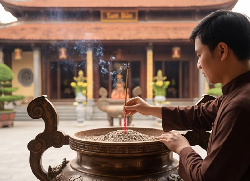 Người đi lễ đang cẩn thận thắp một nén nhang tâm hương trước lư hương lớn tại chính điện