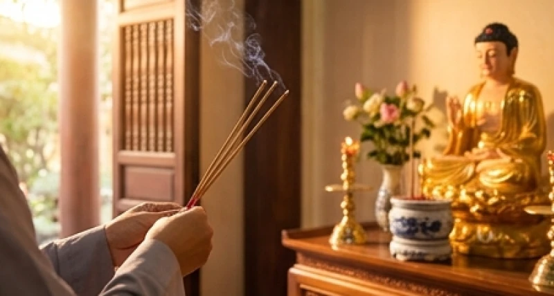 Văn khấn Mẫu: Bài cúng chuẩn nghi thức và sắm lễ bài bản 4 Người đi lễ đang chắp tay thắp hương tại ban Tam Bảo trước khi di chuyển sang ban thờ Thánh Mẫu