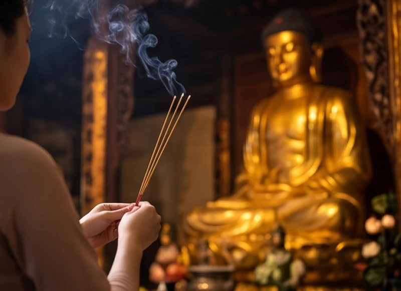Tín chủ thành tâm chắp tay thắp hương dâng lên ban Tam Bảo để cầu mong bình an trước khi xin duyên