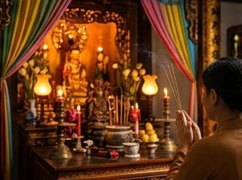 Văn khấn tạ lễ Bà Cậu: Cách sắm mâm cúng và bài cúng trả lễ 6 Gia chủ thành kính thắp 3 nén hương và chắp tay trình báo tại ban chính trước khi sang làm lễ ban Bà Cậu