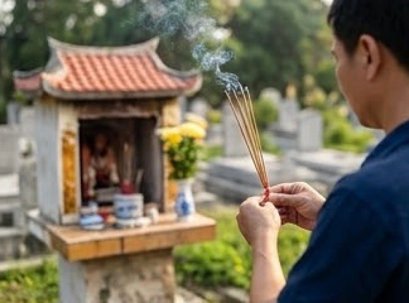 Văn khấn Thanh Minh tại nghĩa trang: Bài cúng Thần linh và Gia tiên 6 Người đại diện gia đình thành kính dâng nhang tại miếu thờ Thần linh chung của khu vực nghĩa trang