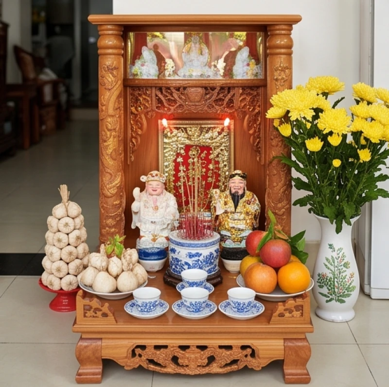 Ban thờ Thần Tài Thổ Địa được bày biện khang trang với tỏi, hoa quả và 5 chén nước